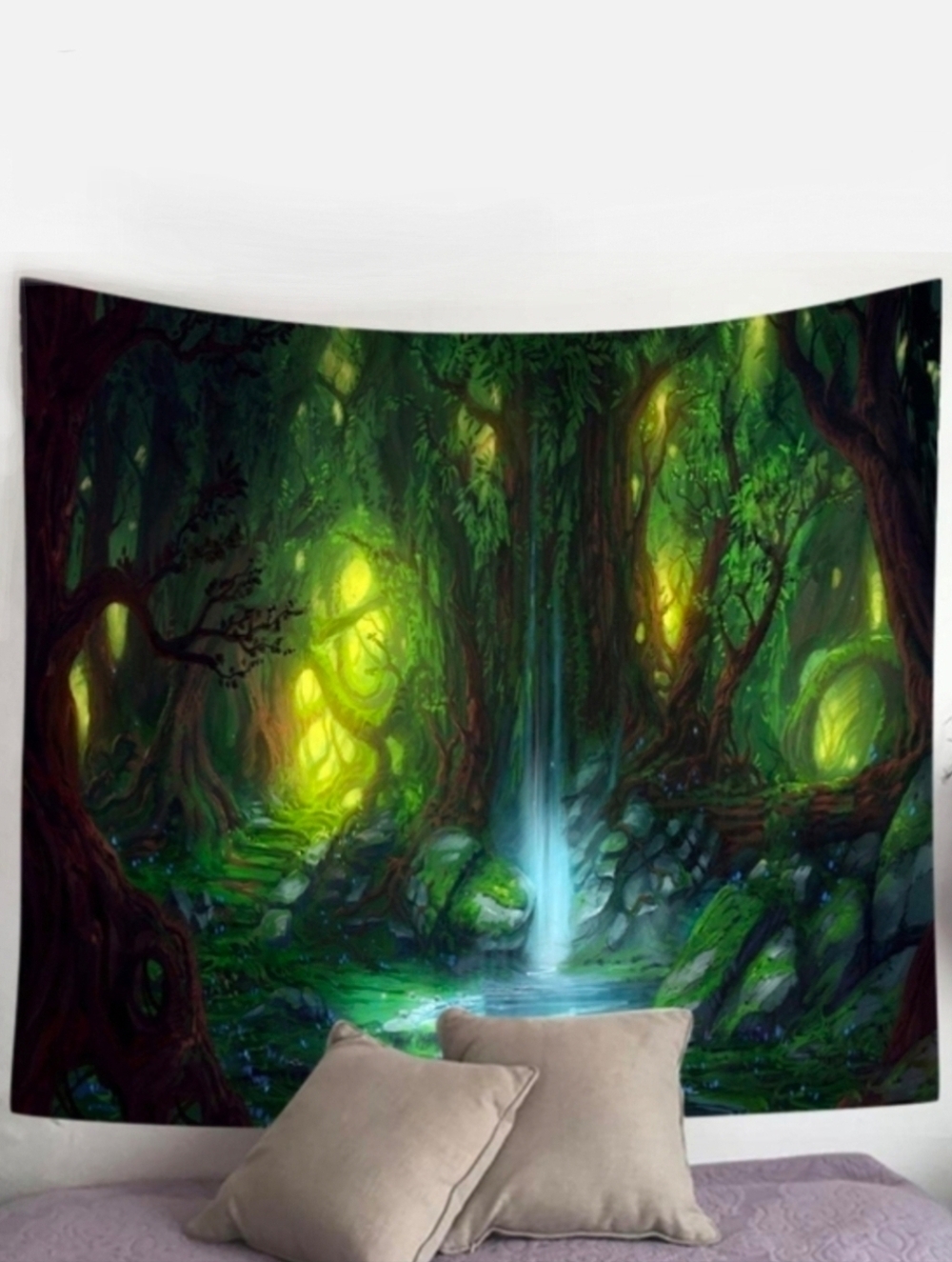 Magical Forest Stream Square Green Mystical Woods Branches Big Wall Tapestry